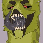 ambiguous_gender black_eyebrows black_sclera bodily_fluids cheek_tuft chin_tuft eyebrows facial_tuft front_view fur glistening glistening_tongue green_body green_fur grey_tongue markings mouth_shot open_mouth red_eyes saliva saliva_on_tongue saliva_string sharp_teeth simple_background solo spots spotted_body spotted_fur spotted_neck teeth tongue tongue_out tuft imperatorcaesar microsoft minecraft mojang xbox_game_studios sully_(imperatorcaesar) creeper_(minecraft) 1:1 absurd_res hi_res