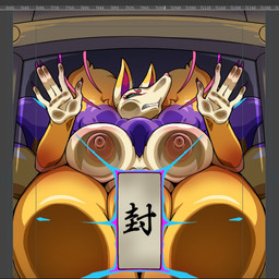 annoyed big_breasts big_vulva breasts chastity_seal crossgender female genitals huge_breasts multi_tail nude nude_female pressed_against sealed solo tail talisman text thick_thighs trapped vulva aku_tojyo avoid_posting level-5 yo-kai_watch kyubi_(yo-kai_watch) aquatic canid canine fox humanoid mammal pinniped seal 1:1 censored japanese_text