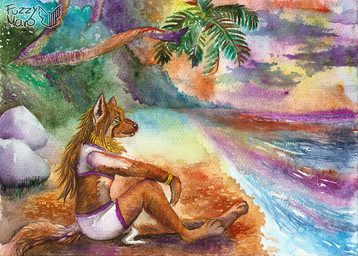 anthro beach detailed_background evening female hair outside sand sea seaside sitting sky solo sunset water fuzzymaro canid canine canis mammal wolf painting_(artwork) traditional_media_(artwork) traditional_painting_(artwork) traditional_watercolor_(artwork) watercolor_(artwork)