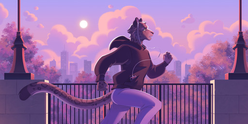 anthro cellphone city city_background cityscape clothing cloud earbuds electronics exercise exercise_clothing headphones hoodie jogging male melanistic morning phone plant railing running smartphone solo street_lamp sun sunrise sweater sweats tail topwear tree val-q legend_of_ahya achenar_debuine_(darkflamewolf) cougar felid feline hybrid jaguar mammal pantherine hi_res