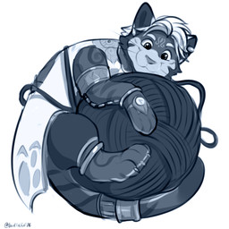 anthro clock clothed clothing ear_cuff ear_piercing happy male piercing smile solo watch yarn blurthefur kygehn domestic_cat felid feline felis mammal 1:1 greyscale hi_res monochrome