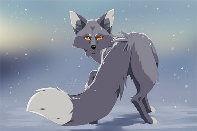 black_nose blurred_background cute_fangs dipstick_tail eyelashes fangs female feral fur grey_body grey_fur grey_markings inner_ear_fluff looking_at_viewer looking_back looking_back_at_viewer markings nude orange_eyes outside rear_view snow snow_on_fur snowing solo standing tail tail_markings teeth tuft azzai canid canine fox mammal red_fox silver_fox true_fox 2019 3:2 colored digital_drawing_(artwork) digital_media_(artwork) shaded