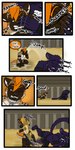 absurd_res angry anthro arena blood blood_on_face bodily_fluids clothing collar comic cuffs_(clothing) duo english_text eye_wound felid fight group havoc_(tatsuchan18) hi_res hybrid hyena male mammal markings pantherine sand scratches scratching speech_bubble spiked_collar spikes sport tatsuchan18 text