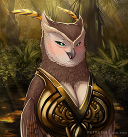 anthro anthrofied armor beak big_breasts blush boob_armor breastplate breasts brown_body brown_feathers clothed clothing curvy_figure detailed_background feathered_wings feathers female feral forest green_eyes huge_breasts looking_at_viewer looking_pleasured mature_female non-mammal_breasts plant slightly_chubby smile solo standing tree voluptuous wings ultrahyper sega sonic_the_hedgehog_(film) sonic_the_hedgehog_(series) longclaw_(sonic) avian bird hybrid owl 2022 digital_media_(artwork)