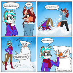 4_panel_comic anthro black_pawpads boots brown_body brown_fur brown_hair carrot cheek_tuft clothing dialogue digging duo ear_piercing ear_ring facial_tuft fangs female food footwear fur green_body green_fur green_highlights grey_body grey_fur grin hair heterochromia highlights_(coloring) humor open_mouth open_smile pawpads paws piercing plant ring_piercing scarf shoes smile snow speech_bubble sweater tan_highlights teeth text topwear tuft vegetable white_body white_fur white_hair zephyriwolf zephyri_q_wolf canid canine canis fox mammal wolf 1:1 comic english_text hi_res