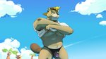 animal_crossing anthro areola beach beaver belly blonde_hair body_hair brown_body brown_fur buckteeth bulge c.j._(animal_crossing) clothed clothing clothing_lift eugene_(animal_crossing) fur hair happy_trail hat headgear headwear hi_res kiba24 male mammal musclegut muscular muscular_anthro muscular_male nintendo nipples pecs public rodent seaside shirt shirt_lift skimpy snapback_hat solo teeth topwear underwear undressing