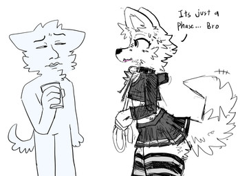 4_fingers anthro beverage black_bottomwear black_clothing black_hoodie black_legwear black_nose black_skirt black_text black_thigh_highs black_topwear bottomwear cheek_tuft clothed clothing collar container cropped_hoodie crossdressing crossdressing_male cup duo facial_tuft fangs femboy fingers fluffy fluffy_tail fur head_tuft holding_beverage holding_container holding_cup holding_object hoodie leash leashed_collar legwear looking_at_another male midriff narrowed_eyes pattern_clothing pattern_legwear pattern_thigh_highs side_eye skirt standing striped_clothing striped_legwear striped_thigh_highs stripes tail teeth text thigh_highs topwear tuft white_body white_fur fc5 canid canine canis domestic_dog mammal 2026 absurd_res english_text hi_res meme monochrome sketch
