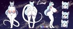 antennae_ears anthro anus big_breasts blue_hair breasts butt butt_grab dark_sclera female fur genitals hair hand_on_butt huge_breasts nipples purple_eyes pussy raised_tail solo tail white_body white_fur furball liniue alien canid canine felid feline gieeg mammal hi_res model_sheet