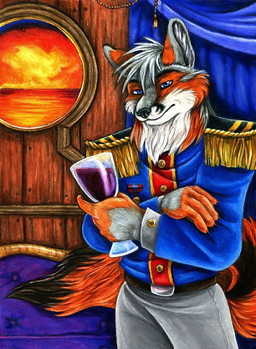 5_fingers anthro belt beverage biped black_body black_fur black_nose blue_eyes bottomwear captain circle claws clothed clothing container crossed_arms cup day detailed_background drinking_glass epaulet fingers front_view fully_clothed fur glass glass_container glass_cup grey_body grey_fur grey_hair hair holding_container holding_cup holding_object inside jacket looking_at_viewer male orange_body orange_fur pants ship short_hair sky solo standing sunset tail toony topwear uniform vehicle water watercraft white_body white_fur window wine_glass ladyjekyll canid canine fox mammal detailed portrait three-quarter_portrait traditional_media_(artwork)