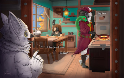 anthro appliance belt beverage bodily_fluids chair cooking eating egg fridge fried_egg furniture group horn inner_ear_fluff juice_(beverage) kitchen kitchen_appliance male multicolored_body shelf smile smiling_at_another speech_bubble stove sweat sweatdrop table trio tuft white_body window window_curtains window_light mvikt jackzatanit limperl retcencias avian bovid caprine goat hybrid lagomorph leporid mammal rabbit reptile scalie snake absurd_res hi_res