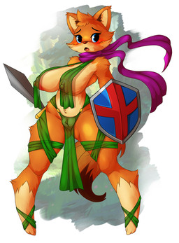 anthro big_breasts blush bottomwear breast_curtains breasts clitoris clothed clothing countershading female genitals holding_melee_weapon holding_object holding_sword holding_weapon loincloth looking_at_viewer looking_back melee_weapon nipples shield shirt simple_background solo sword thick_thighs topwear translucent translucent_clothing tunic vulva weapon azura_inalis tunic_(video_game) ruin_seeker canid canine fox mammal 2018 digital_media_(artwork) hi_res