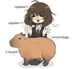 ambiguous_gender blazer capybara caviid clothed clothing daww dialogue duo emoticon english_text eyewear female feral fluffy glasses hi_res human legwear mammal necktie rodent simple_background snale text thigh_highs white_background
