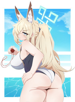 beach big_breasts big_butt blonde_hair blue_eyes breasts butt clothing eye_through_hair eyebrow_through_hair eyebrows eyelashes female hair hair_over_eye halo hand_on_hip inner_ear_fluff one-piece_swimsuit outside ponytail side_boob solo swimwear translucent translucent_hair tuft whistle_(object) nade kanna_(blue_archive) animal_humanoid canid canid_humanoid canine canine_humanoid fox_humanoid humanoid mammal mammal_humanoid 2025 absurd_res hi_res