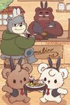 anthro beverage brown_body brown_fur clothing coffee cute_fangs detailed_background fur grey_body grey_fur group hoodie male necktie sitting slightly_chubby topwear young sayolino kumalino sanrio brew_(kumalino) drip_(kumalino) roast_(kumalino) syrup_(kumalino) bear mammal 2023 hi_res