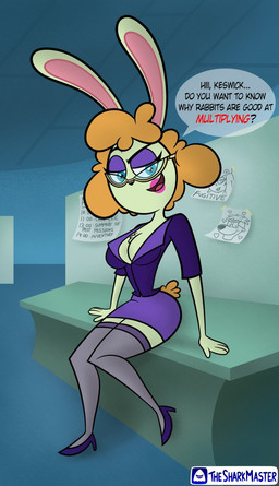 anthro blue_eyes bottomwear breasts cleavage clothed clothing desk eyeshadow eyewear female footwear furniture glasses hair high_heels legwear lipstick looking_at_viewer makeup miniskirt office on_desk open_clothing open_topwear orange_hair post-it_note secretary seductive shoes sitting skirt solo speech_bubble table text thigh_highs topwear white_body tsm-draws nickelodeon t.u.f.f._puppy lola_frostki professor_keswick tammy_(t.u.f.f._puppy) lagomorph leporid mammal rabbit 2017 colored english_text hi_res signature