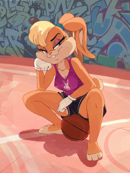 anthro ball basketball_(ball) basketball_court bottomwear clothed clothing female looking_at_viewer short shorts sitting smile solo spread_legs spreading tail edtropolis looney_tunes space_jam warner_brothers lola_bunny lagomorph leporid mammal rabbit absurd_res hi_res