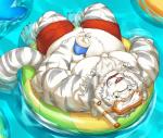 anthro blue_eyes clothed clothing eyewear floating fur glasses holding_object male musclegut muscular muscular_anthro muscular_male short solo striped_body striped_fur stripes swimming_pool topless water white_body white_fur cinna-tree felid mammal pantherine tiger hi_res