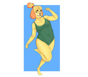 anthro biped clothed clothed_anthro clothed_female clothing female female_anthro front_view on_one_leg one-piece_swimsuit pose posing_for_picture slightly_chubby solo standing swimwear junque animal_crossing nintendo isabelle_(animal_crossing) canid canine canis domestic_dog mammal hi_res