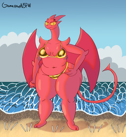 3_fingers anthro belly_piercing big_breasts big_butt bikini breasts butt clothing cloven_hooves curvy_figure female fingers gold_bikini hooves mature_anthro mature_female navel non-mammal_breasts non-mammal_navel overweight overweight_anthro overweight_female red_body slightly_chubby slightly_chubby_anthro slightly_chubby_female solo swimwear tail thick_thighs two-piece_swimsuit voluptuous wide_hips wings yellow_sclera gamesptop satina_(series) lucia_(satina) absurd_res hi_res