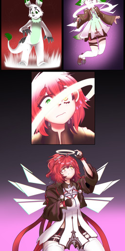 anthro anthro_to_human claws clothing female fingerless_gloves footwear gender_transformation gloves green_eyes hair halo handwear jacket kneeling legwear magic male mtf_transformation red_hair shoes simple_background solo species_transformation stockings surprised tail topwear transformation la-frugele arknights hypergryph neopets studio_montagne exusiai_(arknights) tuli_(metrohunter) bori_(neopets) human mammal neopet_(species) 2026 absurd_res comic digital_media_(artwork) hi_res