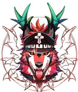 black_sclera clothing collar cross hat headgear headwear male simple_background solo tongue tongue_out white_background yellow_eyes null-ghost canid canine canis mammal wolf bust_portrait portrait