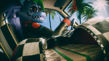 anthro bag car_interior clothing eyewear female green_highlights highlights_(coloring) inside jacket machine money on_model palm_tree plant solo sun sunglasses topwear tree anonamine five_nights_at_freddy's five_nights_at_freddy's:_security_breach scottgames steel_wool_studios roxanne_wolf animatronic canid canine canis mammal robot wolf 16:9 2025 3d_(artwork) blender_(artwork) digital_media_(artwork) hi_res widescreen