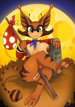 3_toes antennae_(anatomy) anthro anus areola barefoot black_nose breasts brown_body brown_fur butt clothed clothing feet female fingers freckles fur genitals grass kerchief looking_at_viewer moon multicolored_body multicolored_fur night nipples nude orange_body orange_fur outside pawpads paws plant plantigrade presenting simple_background sitting smile soles solo stripes tail toes topwear vulva e-01 traveller's_tales traveller's_tales_logo_mascot alien mammal absurd_res digital_drawing_(artwork) digital_media_(artwork) hi_res