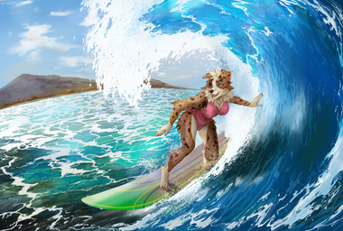 anthro big_breasts blue_eyes breasts brown_body brown_fur brown_markings clothing day female floppy_ears fur head_tuft looking_away markings multicolored_body multicolored_fur one-piece_swimsuit open_mouth open_smile outside pawpads pink_clothing pink_one-piece_swimsuit pink_pawpads pink_swimwear sea sky smile snout solo spots spotted_body spotted_fur spotted_markings surfboard surfer surfing swimwear tan_body tan_fur tuft water wave tvard mia_hamilton australian_shepherd canid canine canis domestic_dog herding_dog mammal pastoral_dog sheepdog 2024 colored detailed digital_drawing_(artwork) digital_media_(artwork) hi_res shaded
