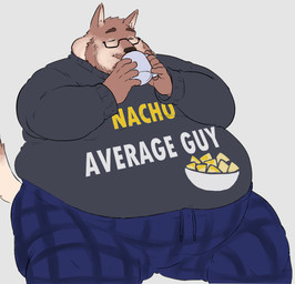 anthro belly big_belly brown_body brown_fur chubby_cheeks clothed clothing container cup drinking eyes_closed eyewear fur glasses holding_container holding_cup holding_mug holding_object humor male mug obese obese_anthro obese_male overweight overweight_anthro overweight_male pajamas pun sitting smile solo text thick_thighs wide_hips widewobblyproductions quinton_(lizard_soup) canid canine canis domestic_dog mammal english_text