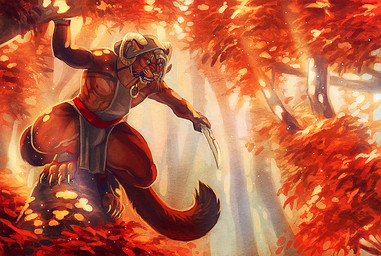 4_toes anthro brown_body brown_fur brown_tail claws clothed clothing crouching dagger detailed_background feet forest front_view fur green_eyes holding_object holding_weapon hood horn long_tail male melee_weapon outside pink_nose plant snarling solo tail teeth toe_claws toes tree weapon whiskers white_claws white_horn maquenda hunter_(hurst) bovid caprine felid hybrid mammal pantherine sheep 2016 digital_media_(artwork) warm_colors