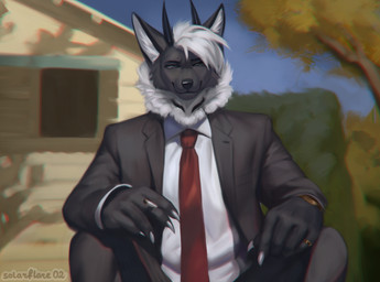 anthro black_body black_hands bottomwear building cigarette claws clock clothed clothing cosplay costume facial_tuft fur grey_body grey_fur hair horn house inner_ear_fluff jewelry looking_aside male mane markings multicolored_body multicolored_fur neck_tuft necktie outside pants plant ring screencap_redraw sitting sky smile solo study suit topwear tree tuft watch white_body white_claws white_fur white_hair white_inner_ear_fluff solarflare02 better_call_saul breaking_bad saul_goodman xavier_(solarflare02) canid canine fox grey_fox mammal urocyon digital_media_(artwork) digital_painting_(artwork) hi_res painting_(artwork) redraw