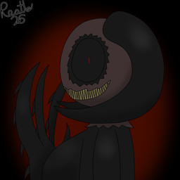 big_hands black_background black_body black_horn black_sclera breasts claws female horn looking_at_viewer not_furry red_background red_eyes sharp_teeth side_view simple_background smile smiling_at_viewer solo teeth yellow_teeth reathe mave_(reathe) demon humanoid 2026 bust_portrait colored digital_media_(artwork) hi_res portrait shaded signature
