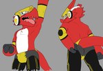 anthro bulge butt looking_back male mask red_body solo sports_mask sportswear wrestler wrestling_mask wrestling_outfit heibanhikaru bandai_namco digimon axl_shoutmon digimon_(species) scalie shoutmon absurd_res hi_res