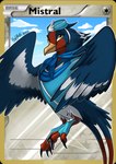 absurd_res avian avian_feet beak blue_body feathered_crest feathered_wings feathers feet female feral flying generation_3_pokemon head_crest hi_res markings mistral_(gyro) nintendo pokemon pokemon_(species) pokemon_card red_markings shazzykatana solo swellow tail tail_feathers talons toes trading_card trading_card_game white_body white_markings wings yellow_eyes