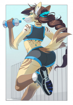 anthro athletic athletic_anthro athletic_female biped bottle bra butt butt_pose clothed clothing container exercise female footwear fur hair looking_back pose shoes smile solo sports_bra teeth underwear water_bottle kuroame canid canine mammal hi_res