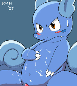 blue_background blush bodily_fluids cum cum_on_arm cum_on_body cum_on_leg cum_on_penis genital_fluids genitals male nude penis shell-less simple_background solo sweat kame_nu008 nintendo pokemon generation_1_pokemon pokemon_(species) reptile scalie wartortle 2007 aliasing digital_media_(artwork) low_res signature