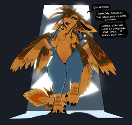 4_arms 4_ears anthro belly blush body_blush breasts breath brown_belly brown_body brown_feathers brown_head brown_tail brown_talons brown_wings chest_tuft clothed clothing exposed_breasts feathered_wings feathers featureless_breasts female female_anthro genitals green_eyes looking_at_viewer medium_breasts multi_arm multi_ear multi_limb open_clothing open_mouth open_topwear purple_mouth slightly_chubby solo speech_bubble tail talking_to_viewer text topwear tuft undressing vulva vulva_blush walking walking_towards_viewer winged_arms wings candybleed alex_(overgrown_lizards) avali english_text hi_res