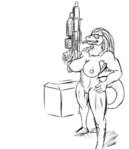 abs anthro big_breasts biped breasts cigar dreadlocks eyewear female genitals grin gun military muscular muscular_anthro muscular_female nipple_piercing nipples non-mammal_breasts nude piercing plantigrade ranged_weapon rifle simple_background smile smoking solo standing sunglasses vulva weapon industry_(artist) crocodile crocodilian reptile scalie hi_res monochrome