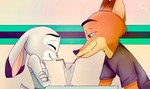 anthro bendy_straw beverage clothed clothing drinking drinking_straw duo eyes_closed female fur green_eyes grey_body grey_fur male orange_body orange_fur shirt smile t-shirt topwear bubblecop disney zootopia judy_hopps nick_wilde canid canine fox lagomorph leporid mammal rabbit red_fox true_fox signature