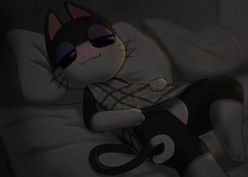 anthro bed bedding bedroom_eyes biped black_body black_eyes black_fur blush bottomless bottomless_anthro cat_smile cat_tail checkered checkered_clothing checkered_shirt checkered_topwear closed_smile clothed clothed_anthro clothed_male clothing eyeshadow fur furniture gloves_(marking) green_clothing green_topwear half-closed_eyes leg_markings looking_at_viewer lying lying_on_bed makeup male male_anthro markings mouth_closed multicolored_body multicolored_fur narrowed_eyes on_bed panties pantsless pantsless_anthro pantsless_male panty_shot pattern_clothing pattern_shirt pattern_topwear pillow plantigrade purple_eyeshadow purple_inner_ear seductive shirt sleeveless_shirt slim slim_anthro slim_male smile socks_(marking) solo three-quarter_view topwear two_tone_body two_tone_fur underwear whiskers white_body white_fur qwert animal_crossing nintendo punchy_(animal_crossing) domestic_cat felid feline felis mammal 2019 digital_drawing_(artwork) digital_media_(artwork) shaded soft_shading