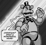 anthro black_background bow_tie clothing dialogue electronics emanata eyebrows grey_background hat headgear headwear holding_microphone holding_object humor machine male microphone offscreen_character open_mouth pattern_background simple_background solo standing striped_background talking_to_another teeth text top_hat galactabee five_nights_at_freddy's scottgames chris_chan freddy_(fnaf) animatronic bear mammal robot 2022 english_text greyscale meme monochrome