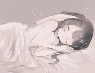 angelic anthro bare_shoulders bed_sheet bedding black_hair blush bob_cut breasts ears_down eyes_closed female fur hair halo hands_together loli lying nude pivoted_ears simple_background sleeping small_breasts solo under_covers white_body white_fur wings young young_anthro 115meg canid canine fennec_fox fox mammal true_fox