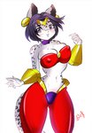 anthro bandeau blue_hair breasts clothing cosplay eyewear female fur glasses hair midriff navel nipple_outline purple_eyes simple_background solo topwear white_background luvon shantae_(series) wayforward shantae felid mammal pantherine snow_leopard