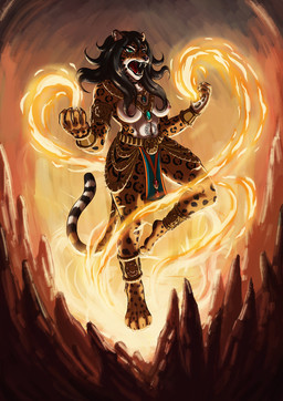 action_pose anklet anthro bared_teeth black_body black_fur black_hair black_spots bottomwear bracelet cave clothed clothing detailed_background elemental_manipulation emerald_(gem) fangs female fire fire_manipulation flowing_hair front_view fur gem gold_(metal) gold_jewelry green_eyes hair jewelry leopard_spots levitation loincloth magic magic_user necklace nipples open_mouth orange_body orange_fur pendant plantigrade pose raised_leg red_tongue retractable_claws rock ruby_(gem) sharp_teeth skimpy solo spots stalagmite tattoo teeth tongue catzakir felid jaguar mammal pantherine full-length_portrait portrait