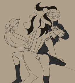 anthro biped bow_tie clenched_teeth clothed clothing duo eyes_closed female footwear genitals hair hat headgear headwear horn long_hair male male/female penetration penile penile_penetration penis penis_in_vagina sex simple_coloring sitting socks teeth vaginal vaginal_penetration vulva tyler_3d_(artist) cookie_run esterhazy_(cookie_run) human mammal absurd_res hi_res