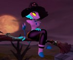 anthro black_body breasts broom broom_riding cleaning_tool clothing detailed_background female floating_hands glowing glowing_eyes glowing_hair hair hat headgear headwear holidays machine solo white_body witch_hat yellow_eyes neonluv voidwillow_(modeler) deltarune halloween undertale_(series) tasque_manager android darkner felid feline mammal robot 3d_(artwork) digital_media_(artwork)