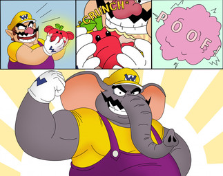 ambiguous_fluids anthro armpit_hair belly big_belly bodily_fluids body_hair comfortable confident confident_male drooling eating eating_food elephant_fruit flexing male obese overweight poof saliva smile solo transformation transformation_by_substance transformation_sequence seefor mario_bros nintendo super_mario_bros_wonder elephant_wario wario elephant elephantid human mammal proboscidean comic hi_res