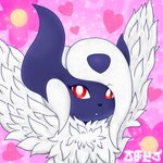 black_nose blue_body blue_skin female feral fluffy fur hair heart_symbol horn looking_aside nude pink_background red_eyes simple_background solo standing white_body white_fur wings jose-497 nintendo pokemon generation_6_pokemon mega_absol mega_evolution pokemon_(species) 1:1 2020 digital_media_(artwork) hi_res portrait signature