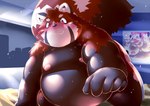 anthro bed belly black_body blush furniture humanoid_hands inside kemono male moobs nipples overweight overweight_male red_body solo tomoyamaru ailurid mammal red_panda 2022