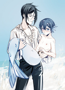 adolescent alternate_costume alternate_species alternate_universe black_hair blue_body blue_eyes blue_hair blue_scales blush bottomwear bridal_carry carrying_another clothing collarbone duo ear_fins ear_piercing ear_ring eyelashes fin gills hair heterochromia male nipples pale_skin pants piercing ring_piercing scales shirt split_form tail tail_fin topwear water young young_humanoid young_male uneasywolf black_butler ciel_phantomhive sebastian_michaelis aquatic human humanoid mammal merfolk absurd_res hi_res